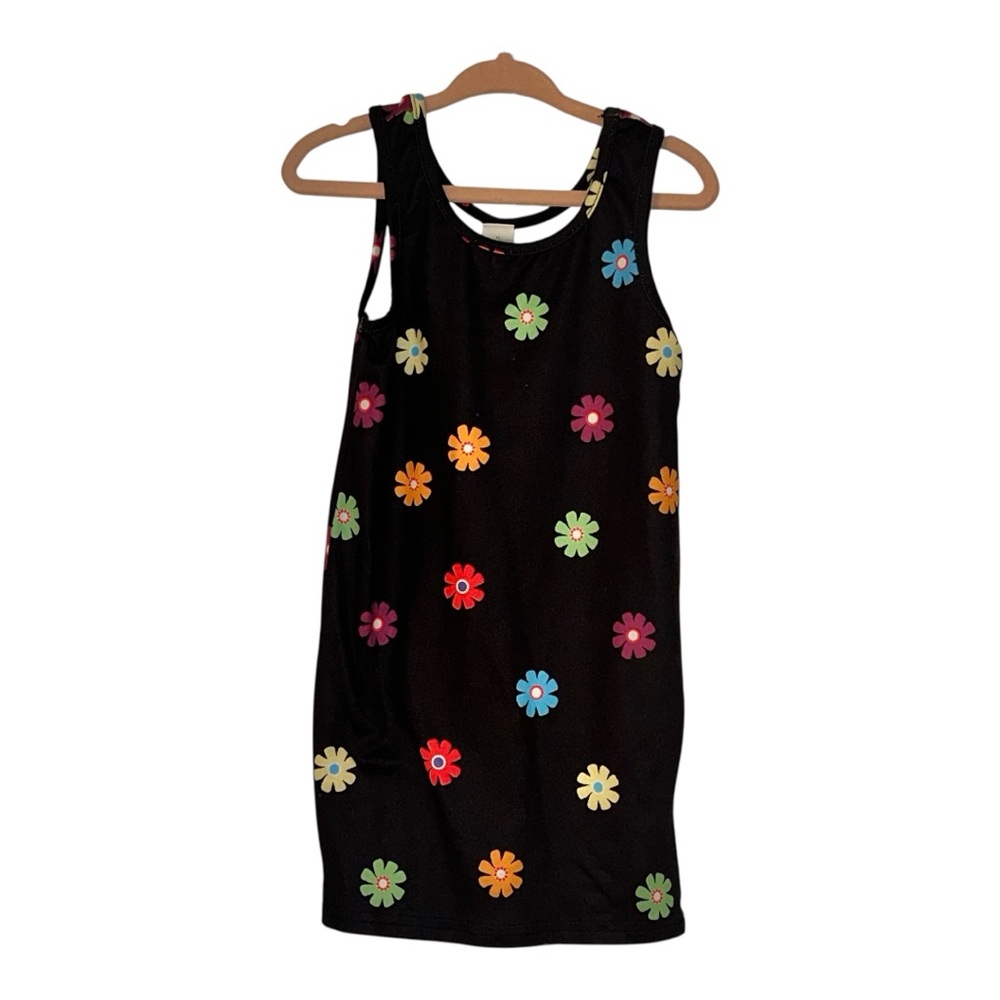Black Tank Dress with Colorful Flowers, Groovy 90s Y2K Style, 2Y-3Y, NWOT